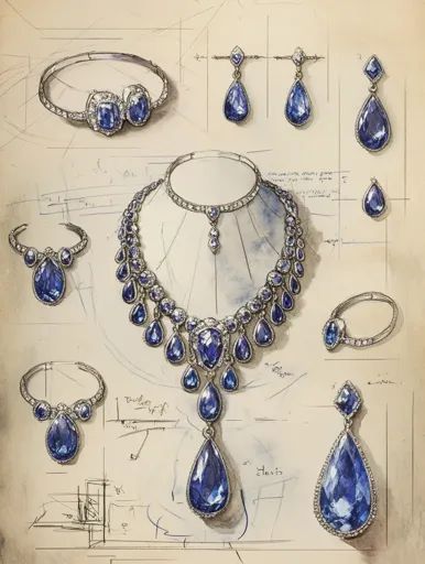 ↑↑↑ Larger size on website 🔸 The image is a watercolor sketch of jewelry designs. There are six pieces, all with large blue sapph Accessories Design Sketch, Pink Diamonds Engagement, Jewel Drawing, Necklace Drawing, Jewelry Sketches, Jewelry Rendering, Tiaras Jewellery, Beige Paper, Jewellery Design Sketches