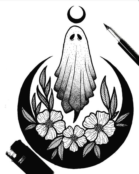 Ghost With Moon Tattoo, Halloween Inspired Tattoos Simple, Witchy Thigh Tattoo, Paranormal Tattoo Ideas, Witchy Moon Tattoo, Spooky Tattoos For Women, Paranormal Tattoo, Cute Ghost Tattoo Ideas, Simple Witchy Tattoos