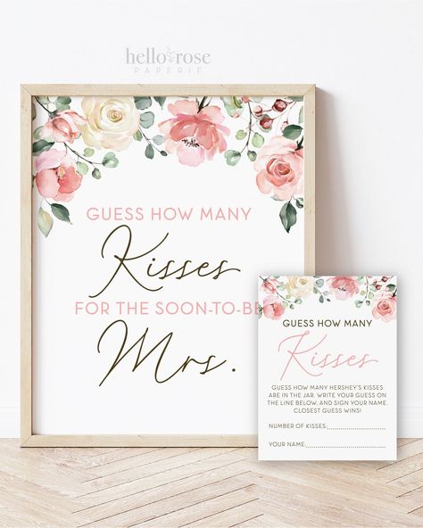 Guess How Many Kisses for the Soon-to-be Mrs Cards and Sign Printable . Pink Floral . Bridal Shower Bachelorette . Instant Digital Download #bridalshower #etsy #bacheloretteparty #bridalshowersign #henspartysign #bridalshowerdecor #bridalshowergame #guesshowmanykissesforthesoontobemrsgame Kisses For The Mrs Bridal Shower Game, Bridal Shower Guessing Game Jars, Guess How Many Kisses For The Mrs, How Many Kisses For The Soon To Be Mrs, Love Is In Bloom Bridal Shower Games, Love Is In Bloom Bridal Shower Welcome Sign, Bridal Shower Inspo, Bridal Shower Inspiration, Pink Bridal Shower