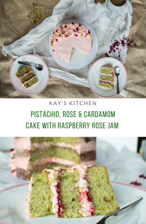 Pistachio Rose Cardamom Cake, Fun Cakes Recipes, Pistachio Rose Water Cake, Pistachio Rose Cake Recipe, Cardamom Rose Cake, Lemon Cardamom Cake, Rose Cardamom Cake, Pistachio And Rose Cake, Cardamom Pistachio Cake