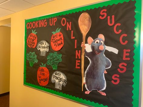 Ratatouille Bulletin Board, Ratatouille Classroom Theme, Pixar Bulletin Board Ideas, Resident Advisor Ideas, Wellness Bulletin Boards, Ra Event Ideas, College Event Ideas, School Cafeteria Decorations, Hall Themes