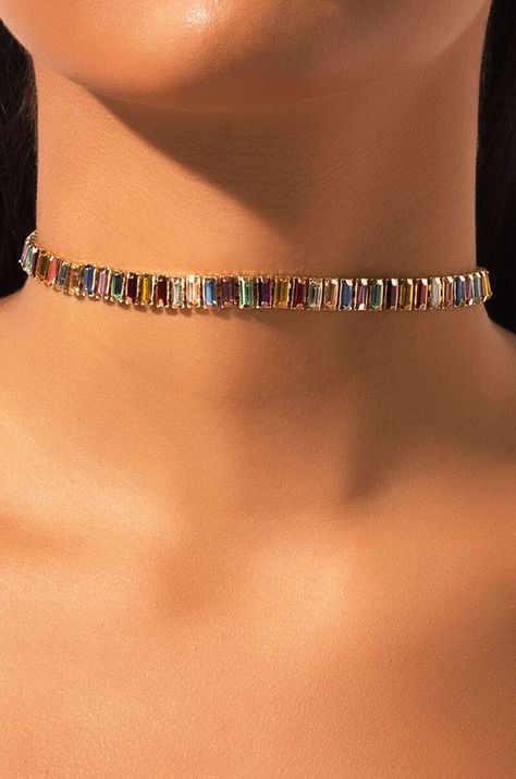 AKIRA Label Multi Color Gemstone Link Choker Necklace in Gold Multi, Blue Multi, Rainbow Multi, Topaz - Rainbow Choker, Gemstone Choker Necklace, Diy Collier, Pose Fotografi, Gemstone Choker, Body Chains, Jewellery Necklace, Dope Jewelry, Rhinestone Choker