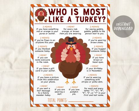 Thanksgiving Games For Adults Work, Pluck The Turkey Game, Who Is Most Like A Turkey Game, Fun Thanksgiving Ideas, Fall Activities For Seniors, Thanksgiving Activities For Adults, Friendsgiving Games For Adults, Thanksgiving Party Ideas, Thanksgiving Mystery Game