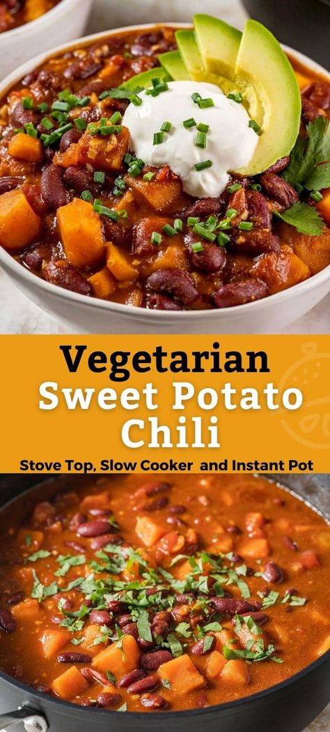 This hearty Vegetarian Chili with sweet potatoes and beans is a meatless, plant-based, protein-rich chili recipe that is easy to make on the stove top, Instant pot and slow cooker. Easily made vegan if choosing vegan toppings. #vegetarian #vegan #plantprotein #beans #easy #lemonblossoms #dinner Sweet Potato Chili Crockpot, Sweet Potato Chili Vegetarian, Sweet Potato Vegetarian, Vegetarian Chili Crock Pot, Sweet Potato Chili Recipe, Slow Cooker Vegetarian Chili, Vegetarian Stew, Vegan Chili Recipe, Vegan Crockpot Recipes