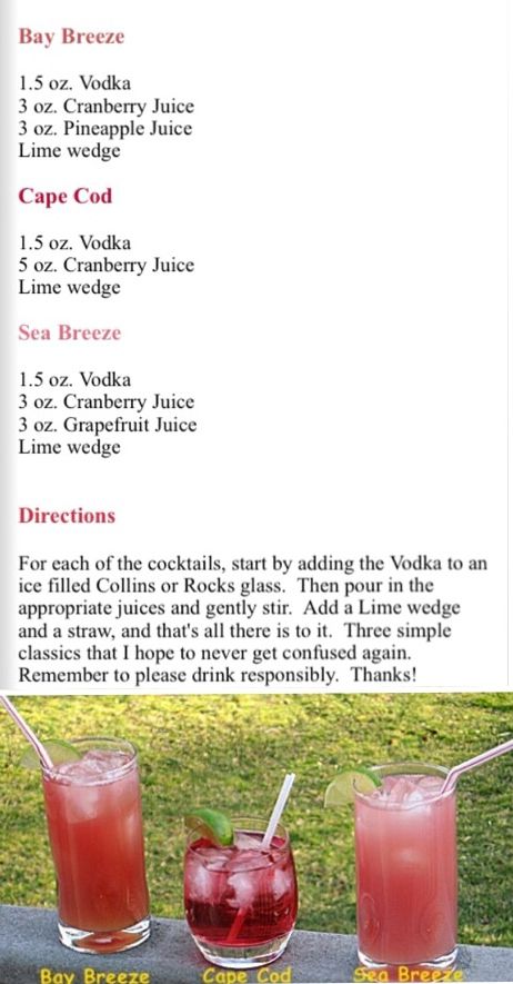 Cape Cod Cocktail, Cape Cod Drink Cocktails, Cape Cod Cocktail Recipe, Basic Bar Drinks, Cape Cod Drink, Fruity Mixed Drinks, Bay Breeze, Mixed Drinks Alcohol, Yummy Alcoholic Drinks