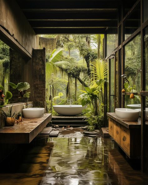 Brazil jungle home luxury design concepts✨ We design luxury spaces for clients worldwide, find out more on our website, link in bio! #interiordesign #interior Modern Tropical Villa Interior Design, Rainforest Interior Design, Home In Jungle, Tropical Treehouse, Jungle Interior Design, Brazil Jungle, Penthouse Apartment Floor Plan, Jungle Bathroom, Ocean View Home