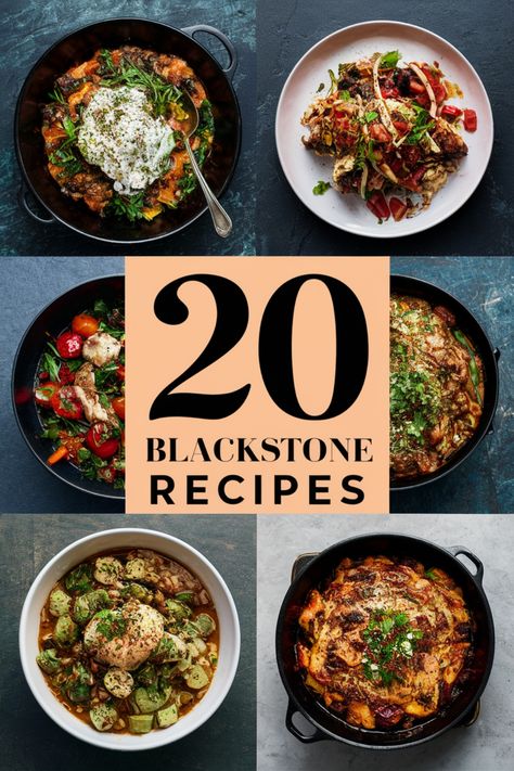 20 delicious Blackstone recipes displayed in bowls and plates. Easy Weeknight Dinners Blackstone, Indian Food On Blackstone, Blackstone Scallop Recipes, Mexican Food Blackstone, Recipes To Cook On Blackstone Griddle, Blackstone Grill Meal Prep, Habatchi Black Stone, Meal Prep On Blackstone, Best Blackstone Meals