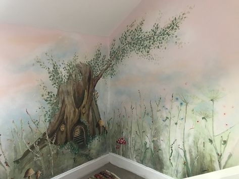 Enchanted tree mural in fairy meadow Fairy Forest Mural, Hand Painted Woodland Mural, Nature Mural Nursery, Woodland Mural Diy, Enchanted Forest Wall Mural, Enchanted Woodland Nursery, Forest Mural Nursery, Narnia Mural, Fairy Forest Nursery