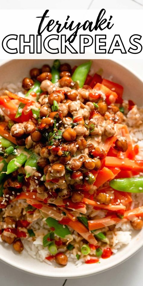 This teriyaki chickpea rice bowl features stir fried vegetables, teriyaki chickpeas and peanut sauce served over rice for a delicious plant-based meal. Teriyaki Chickpeas, Chickpea Rice Bowl, Vegan Rice Bowl, Ginger Peanut Sauce, Stir Fried Veggies, Vegan Teriyaki, Chickpea Rice, Chickpea Bowl, Stir Fried Vegetables