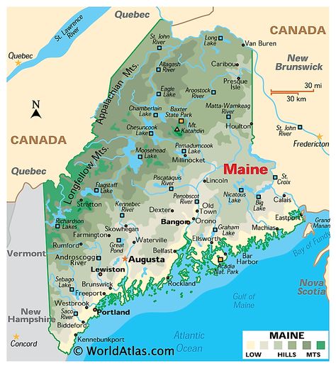 Physical Map of Maine Presque Isle Maine, Maine Usa Aesthetic, Maine Itinerary Road Trips, Maine History Social Studies, Maine Roadtrip, Millinocket Maine, America Outline, Map Of Maine, Worldly Things