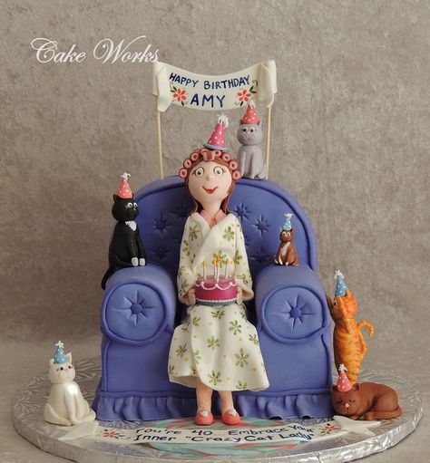 EDITOR'S CHOICE (12/30/2012): 40th Birthday Crazy Cat Lady by cakeworks  View details here: http://cakesdecor.com/cakes/41550 Crazy Cat Lady Cake, Cat Lady Birthday, Lady Cake, Birthday Cake For Cat, Birthday Cakes For Women, Raspberry Filling, Cakes For Women, Modeling Chocolate, Cat Cake