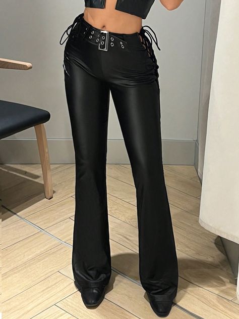 Low Rise Flared Pu Leather Trousers Black Casual   PU Leather Plain Flare Leg Slight Stretch  Women Clothing, size features are:Bust: ,Length: ,Sleeve Length: Leather Flare Pants Outfits, Low Rise Leather Pants, Leather Trousers Women, Concert Ideas, Shein Icon, Trendy Halloween, Hard Metal, Flared Pants, Leather Trousers