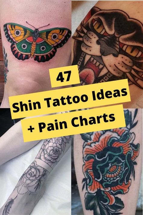 47 Shin Tattoo Ideas & Pain Charts Full Shin Tattoo, Small Shin Tattoo, Women Shin Tattoos, Womens Shin Tattoo, Floral Shin Tattoo, Shin Sleeve Tattoo, Calf Sleeve Women Tattoo, Female Shin Tattoo, Traditional Shin Tattoo