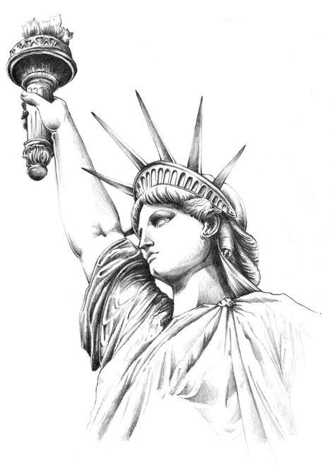 Statue Of Liberty Drawing, Statue Of Liberty Tattoo, Chest Tattoo Stencils, New York Drawing, Liberty Tattoo, Arm Tattoos Drawing, Chicano Tattoos Sleeve, Patriotic Tattoos, New York Tattoo