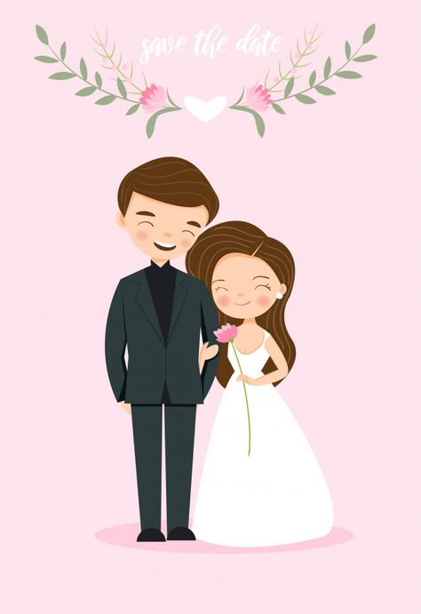 Cute couple bride and groom for wedding ... | Free Vector #Freepik #freevector #flower #wedding #invitation #heart Groom Cartoon, Couple Bride And Groom, Cartoon Wedding Invitations, Bride And Groom Cartoon, Wedding Couple Cartoon, Wedding Drawing, Indian Wedding Invitation Cards, Wedding Illustration, Indian Wedding Invitations