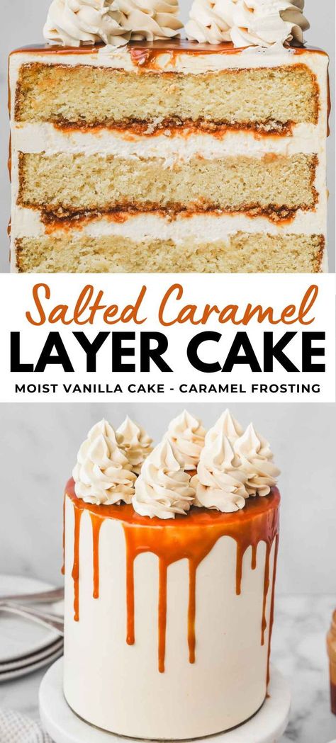 Indulge in the irresistible delight of a homemade salted caramel cake! This perfect birthday or celebration treat features a moist and tender vanilla cake, filled with decadent caramel mascarpone frosting and a homemade salted butter caramel filling. Topped with a luscious caramel drip and covered in swiss buttercream caramel, it's an easy recipe crafted from scratch for pure indulgence. Caramel Cake Frosting, Salted Caramel Birthday Cake, Salted Caramel Cake Recipe, Caramel Cake Filling, Cheesecake Caramel, Cupcake Frosting Recipes, Caramel Cake Recipe, Homemade Salted Caramel, Salted Caramel Cake