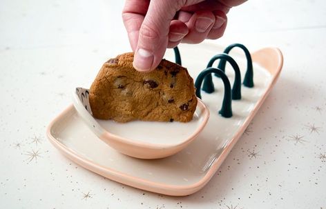 Ceramic cookies and milk tray and dipping bowl by Adrienne Eliades Ceramic Functional, Clay Cookies, Milk Tray, Stencil Print, Cookies And Milk, Cookie Tray, Milk N Cookies, Milk Cookies, Pottery Clay