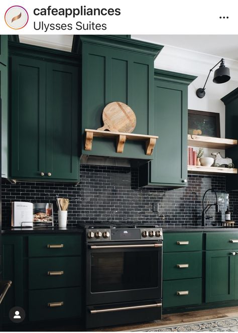 Dark Green Kitchen, Green Kitchen Cabinets, Green Cabinets, Kitchen Inspiration Design, Kitchen Redo, Green Kitchen, Updated Kitchen, Black Kitchens, Kitchen Tiles