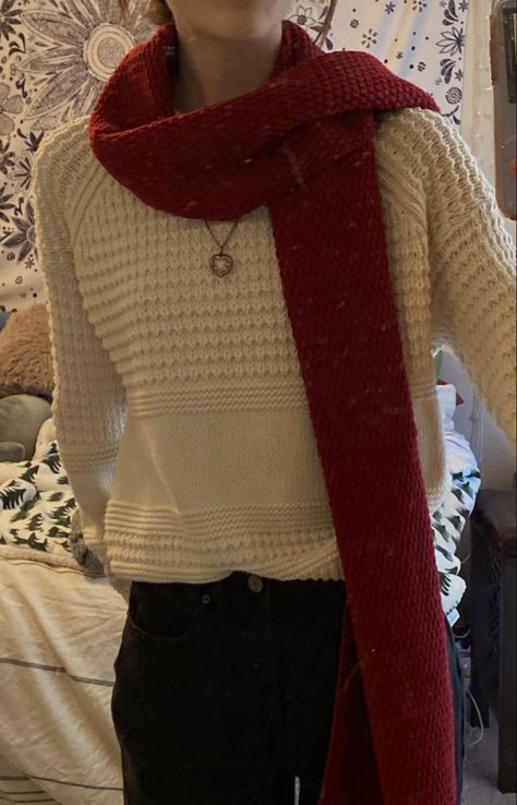 Dark Red Winter Aesthetic, Heart Locket Outfit, Outfit With Red Scarf, Autumn Red Outfit, Winter Outfits Aesthetic Christmas, Red Winter Outfits Aesthetic, Red Academia Aesthetic Outfits, Red Scarf Outfit Aesthetic, Red Dark Academia Outfit