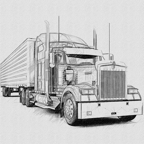 Tractor Trailer Drawing, Trailer Tattoo, Tractor Sketch, Tractor Drawing, Truck Tattoo, Bike Tattoos, Kenworth W900, Ancient Tattoo, Bike Illustration