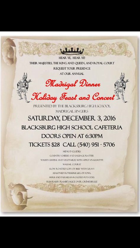 The Blacksburg High School Madrigal Singers presents Madrigal Dinner: Holiday Feast and Concert on Saturday, December 3, 2016 in the Blacksburg High School cafeteria. Admission is $28 per person. Madrigal Dinner, High School Cafeteria, Christmas Dinner Decorations, Blacksburg Va, Dinner Decor, School Cafeteria, Christmas Concert, Holiday Feast, Inspo Pics