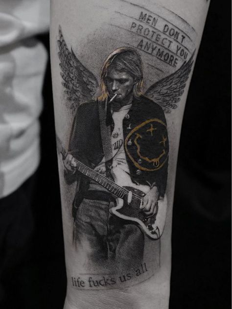 Kurt Cobain Tattoo, Kurt Tattoo, Kurt Cobain Art, Nirvana Tattoo, Wing Tattoos On Back, Rock Tattoo, Guitar Tattoo, Music Tattoos, Tattoo Outline