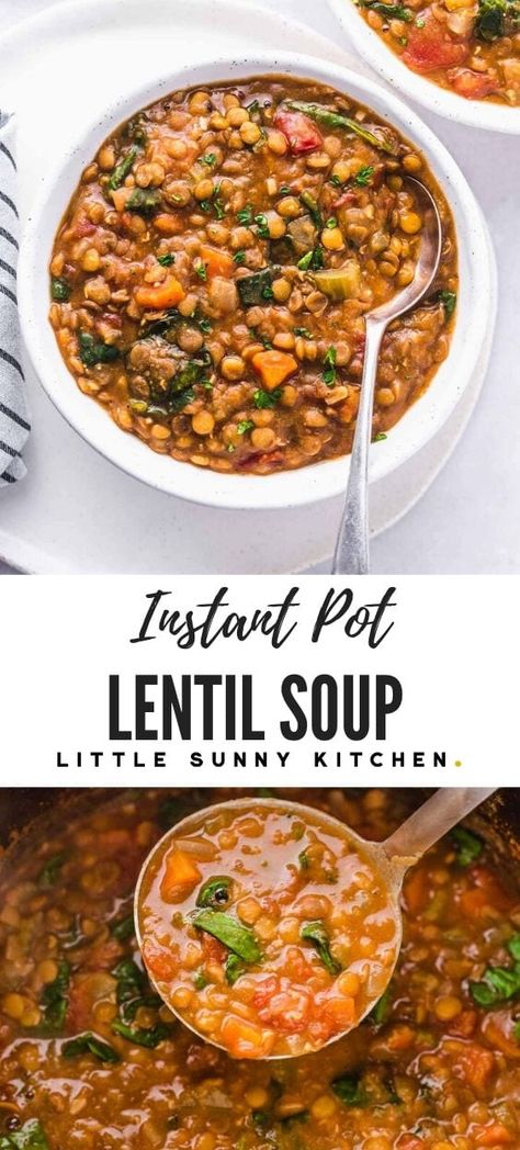 Lentil Soup Recipe Healthy, Instapot Soup Recipes, Instant Pot Lentil Soup, Lentils Instant Pot, Easy Lentil Soup, Mediterranean Soup, Little Sunny Kitchen, Sunny Kitchen, Instant Pot Soup Recipes