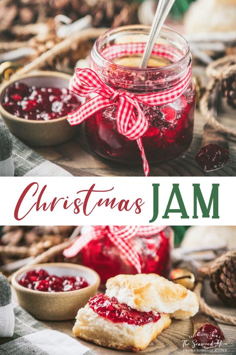 Christmas Jam is a perfect gift to share with friends and neighbors during the holiday season, a delicious topping for biscuits or toast, and a bright addition to a charcuterie board with cheese, crackers, and other snacks. The strawberry cranberry jam is flavored with fresh orange zest and warm spices for a festive, sweet treat! Jam Gift Ideas, Christmas Jam Recipes, Cranberry Fluff, Shipshewana Indiana, Christmas Jam, Cranberry Jam, Plum Recipes, Jar Of Jam, Jam Recipes Homemade