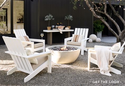 This looks so cozy, I love this outdoor look from Pottery Barn! Beach Fire Pit, White Adirondack Chairs, Fire Pit Seating Area, Modern Adirondack Chair, Small Fire Pit, Adirondack Chairs Patio, Fire Pit Chairs, Modern Adirondack, Modern Fire Pit