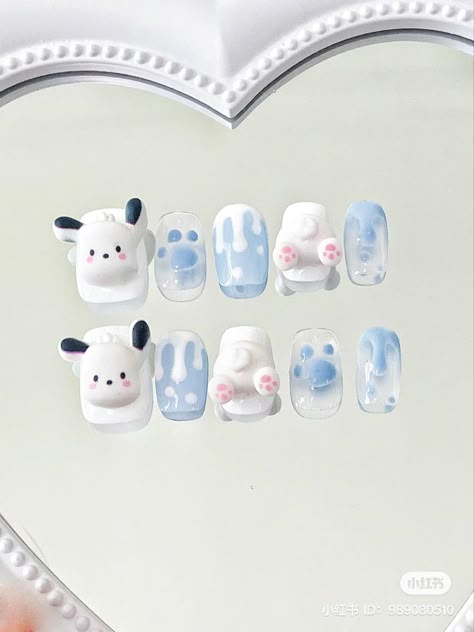 Pochacco Nails, Bunny Nails, Unique Nail Art, Fake Nails Designs, Asian Nails, Sanrio Pink, Hippie Nails, Hello Nails, Cute Simple Nails