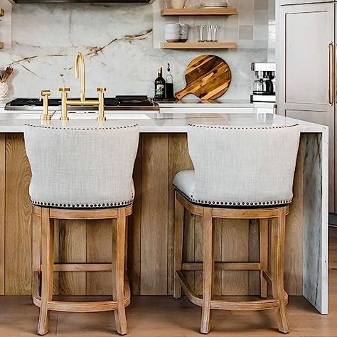 Maven Lane Hugo Tufted-Back Kitchen Swivel Stool, Weathered Oak, Counter Height Quick Bites, Kitchen Counter Stools, Swivel Counter Stools, Timeless Furniture, Bar Height Stools, Kitchen Fabric, Swivel Stool, Stool Design, Weathered Oak