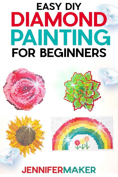 Diamond Painting for Beginners with Free Patterns for Rose, Succulent, Sunflower, and Rainbow Mug Painting Ideas Diy, Ceramic Mug Painting Ideas, Jennifer Maker Cricut, Ceramic Mug Painting, Mug Painting Ideas, Diy Watercolor Cards, Diamond Craft, Barn Crafts, Craft Paint Storage