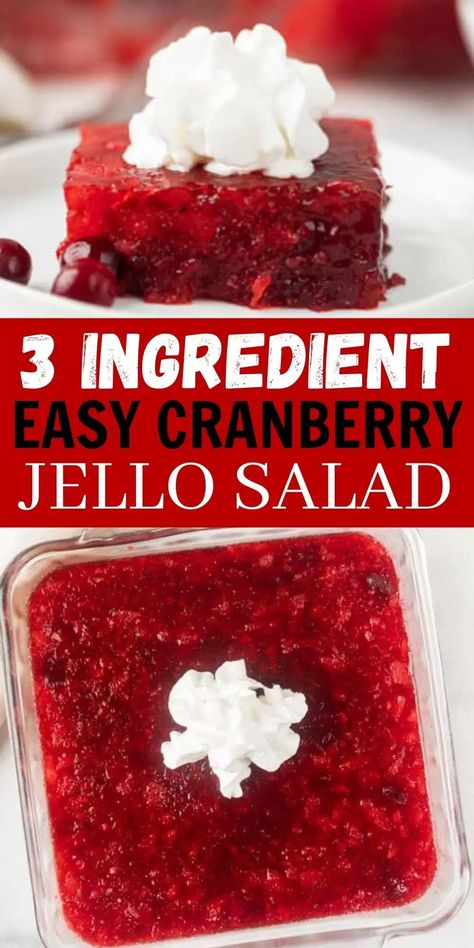 Cranberry Jello Salad is a holiday favorite side dish that is easy to make with only 3 ingredients! This cranberry jello salad recipe with pineapple is the perfect recipe for Thanksgiving or Christmas. Everyone loves this easy cranberry jello salad recipe. #eatingonadime #cranberryrecipes #jellosaladrecipes #holidayrecipes #sidedishrecipes Cranberry Pineapple Jello Salad, Cranberry Jello Salad Recipe, Pineapple Jello Salad, Jello Fruit Salads, Cranberry Jello Salad, Pineapple Jello, Cranberry Salad Recipes, Congealed Salad, Jello Mold Recipes