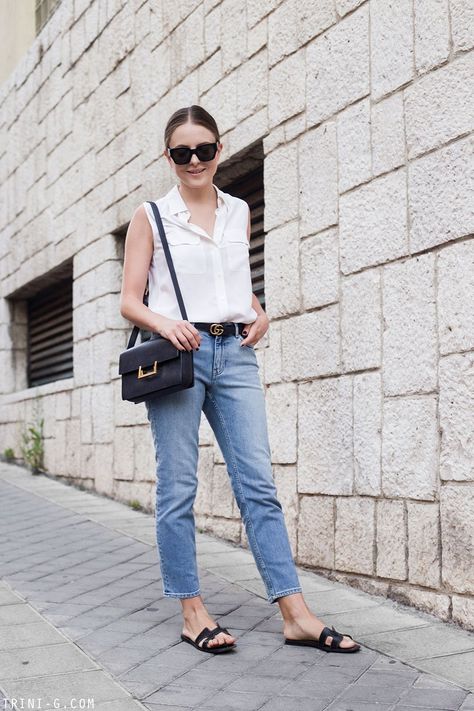 SUMMER 2017: OUTFIT 7 Sleeveless Shirt Outfit, Summer Outfits 2017, Jeans Sandals, Balenciaga Sunglasses, Acne Studios Jeans, Hermes Oran, Minimal Outfit, Fashion Quotes, Fashion Tips For Women