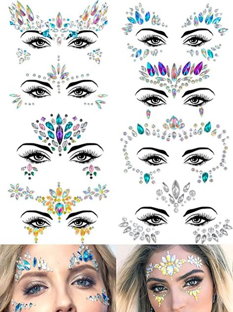 Amazon.com : Warmfits 8 Sets Face Gems Mermaid Face Jewels Stick On Crystal Rhinestone Rave Festival Face Gemstones Stickers - Rainbow Tears Gem Stones Face Temporary Tattoos Stickers for Festival Holiday Costumes : Beauty & Personal Care Face Crystals Make Up, Crystals On Face, Gem Face Designs, Gem Stone Makeup Rhinestones, Gem Face Makeup, Make Up With Stones, Gem Stone Makeup, Face Gems Simple, Gems On Face