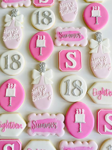 18th Cookies, 19th Birthday Cookies, 18th Birthday Cookies Decorated, 18th Birthday Cookies, Pink And Gold Cookies Birthday, Pink Birthday Cookies Decorated, 21st Birthday Royal Icing Cookies, 19th Birthday Cookies Decorated, Pink 18th Birthday