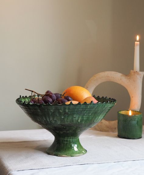 Moroccan Vintage Tamegroute Waterfall Green Glazed Jagged Edge - Etsy Tamegroute Pottery, Pedestal Fruit Bowl, Oak Stool, Jagged Edge, Wood Fired Oven, Cactus Silk, Coffee Station, Fruit Bowl, The Sunshine