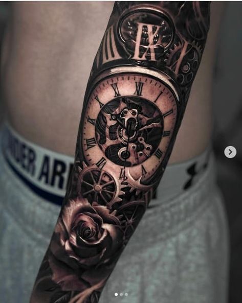 Rose, Clock, Jigsaw Gear Tattoo Pocket Watch With Roses Tattoo Design, Mechanical Clock Tattoo Design, Clock Face Tattoo, Peter Tattoo, Gears Tattoo, Tattoos On Hands, Time Piece Tattoo, Clock Tattoo Sleeve, Clock And Rose Tattoo