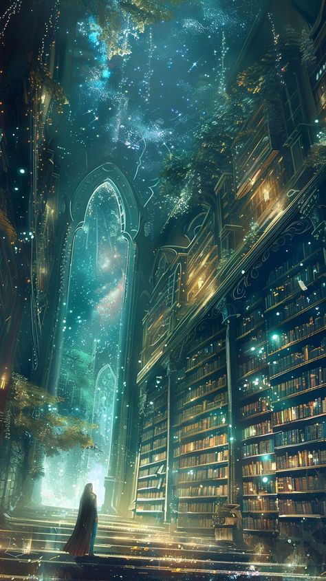 Follow me for more bookish art #library #libraryaesthetic #fantasylibrary #libraryart Endless Library Fantasy Art, Library Fantasy Aesthetic, Fantasy Art Library, Starry Library, Magic Library Art, Library At Night, Fantasy Library Concept Art, Fantasy Library Art, Library Fantasy Art