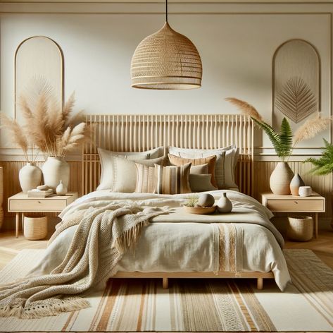 Bungalows Interiors, Calm Relaxing Bedroom Ideas, Boho King Bedroom Ideas, Master Bedrooms Minimalist, Bedroom Ideas Rattan, Tulum Inspired Bedroom, Desert Theme Bedroom, Luxury Boho Bedroom, Layered Bedding Ideas