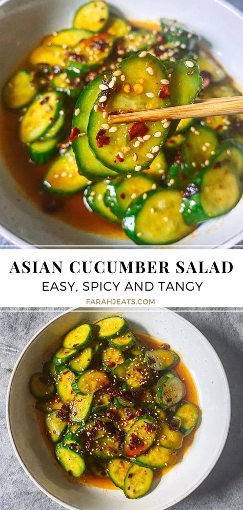 2 photos of easy spicy asian cucumber salad. The bottom photo is the salad plated in a white plate garnished with sesame seeds and chili oil. The top photo is a close up of the plate with a pair of wooden chopsticks picking up a piece of cucumber. Easy Asian Cucumber Salad, Spicy Cucumber Salad, Sommer Mad, Asian Cucumber Salad, Salad Pasta, Easy Asian, Cucumber Recipes, Läcker Mat, Think Food