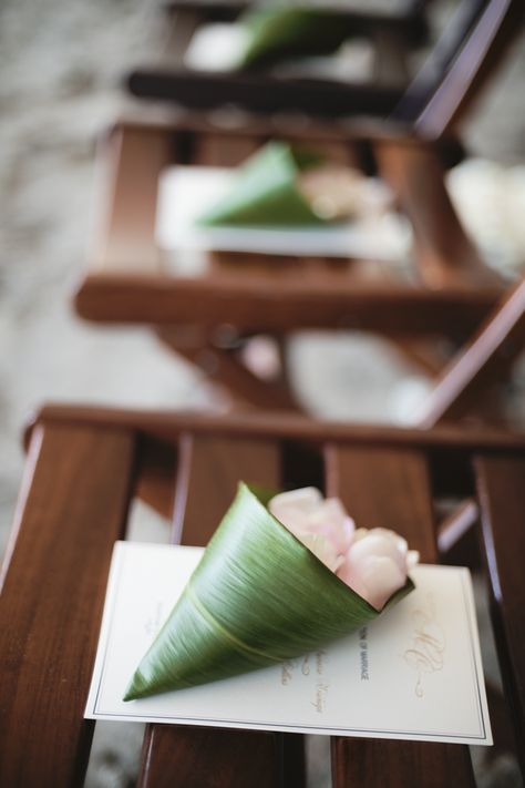 Green leaf cones holder with white rose petals for congratulating the newly weds after ceremony South Indian Decor, Costa Rica Beach Wedding, Wedding Cones, Papagayo Costa Rica, White Rose Petals, Flower Cones, Petal Toss, Wedding Hawaii, Wedding Appetizers