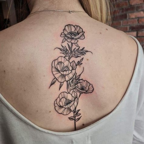 Neck Medium Sized Poppy Flower Back Ink Poppy Flower Back Tattoo, Poppy Flower Tattoo Back, Flower Tattoo Ribcage, Flower Tattoo Colorful, Poppy Flower Tattoo Design, Flower Neck Tattoo, Tattoo Colorful, Poppy Flower Tattoo, Saved Tattoo