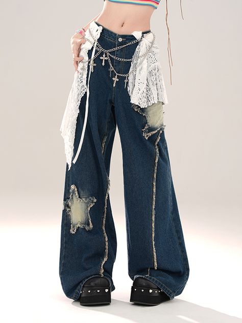 Kawaii, High Waist Baggy Pants, Baggy Pants, Patched Jeans, Star Decorations, Girls High, Type Of Pants, Denim Trousers, Fall Outfits Women