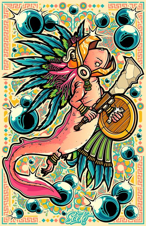 Axolotl Art Illustrations, Axolotl Aztec Art, Aztec Axolotl, Mexican Axolotl, Axolotl Monster Art, Aztec God Quetzalcoatl, Mexico Tattoo, Aztec Artwork, Aztec Tattoos