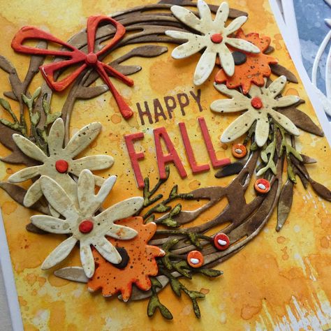 Kath's Blog......diary of the everyday life of a crafter: Tim Holtz/Sizzix 2024 Vault Collection - Funky Floral Wreath Thanksgiving Cards Handmade, Wreath Cards, Sizzix Cards, Tim Holtz Cards, Tim Holtz Distress Ink, Mixed Media Cards, Foliage Wreath, Tim Holtz Sizzix, Youtube Live