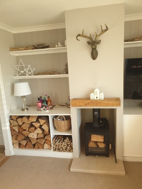 Alcove Shelving With Log Store, Wood Burner Storage Ideas, Log Burner Alcove Shelving, Tv Beside Wood Stove, Alcove Firewood Storage, Alcove Ideas Living Room Wood Storage, Log Store Alcove, Log Storage Alcove, Alcove Shelving With Wood Storage