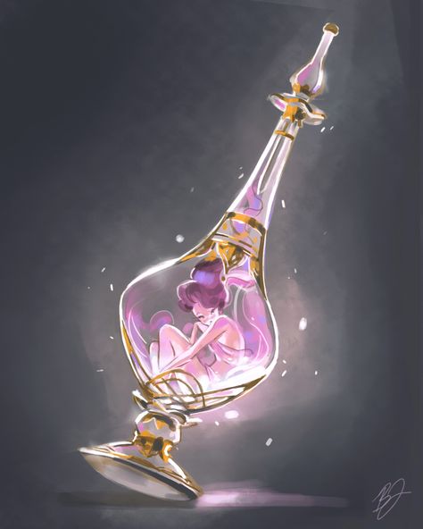 ArtStation - Day 10- Genie in a Bottle , Bea Jackson Magic Equipment Art, Dnd Genie Vessel, Fantasy Objects Magic, Cute Glass Bottles, Genie Artwork, Genie Illustration, Genie Drawing, In A Bottle Drawing, Fairy In A Bottle