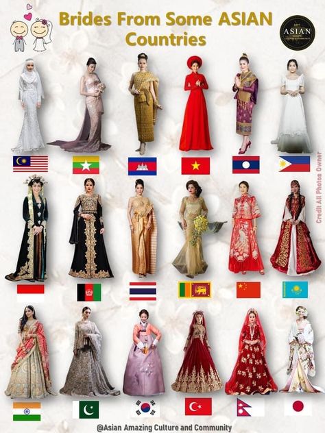 Some Asian Brides costumes Cambodia Clothing, Asian Traditional Clothes, Deconstruction Fashion, Chinese Fancy Dress, Indian Culture And Tradition, Costumes Around The World, Bride Costume, Indian Bridal Dress, Country Dresses