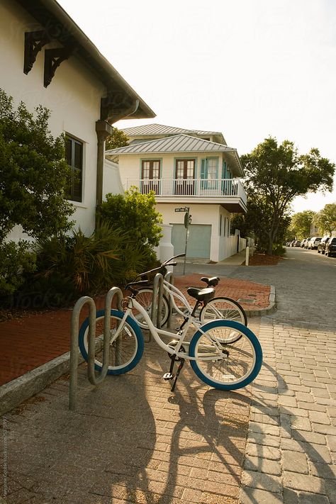 Beachside Town Aesthetic, Rosemary Beach Aesthetic, Beach Town Life Aesthetic, Rosemary Beach Florida Aesthetic, Bikes At The Beach, Seaside 30a, Beach Bach, Cobblestone Street, Rosemary Beach Florida